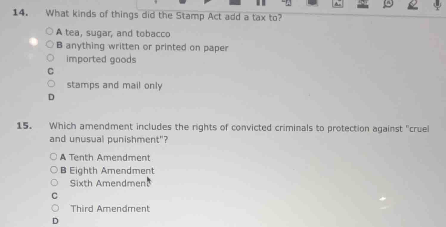 14. what kinds of things did the stamp act add a tax to? a tea, sugar, …