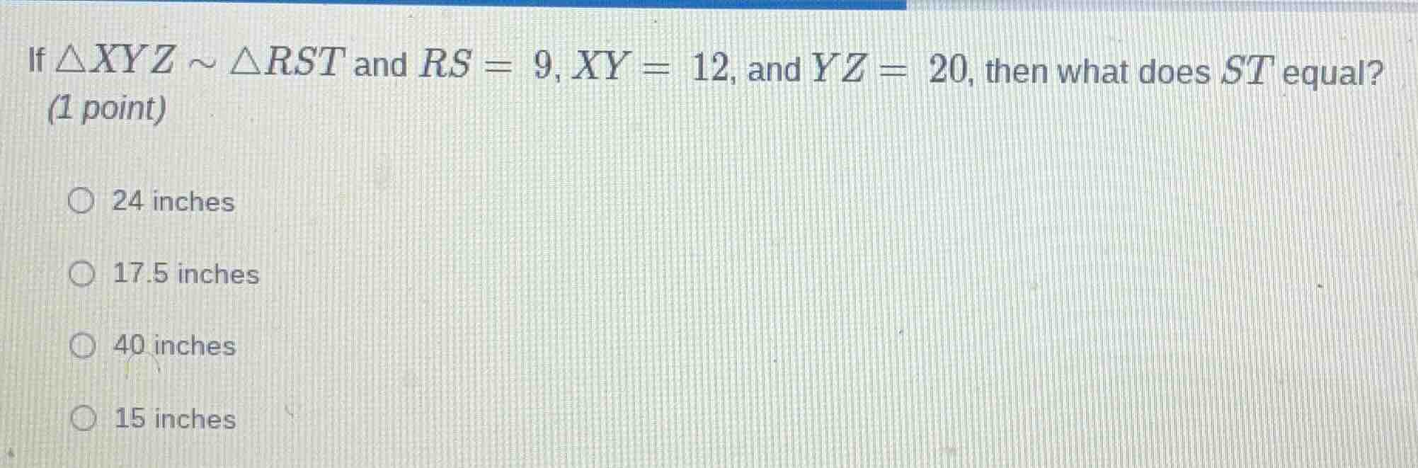 if $\\triangle xyz \\sim \\triangle rst$ and $rs = 9$, $xy = 12$, and $…