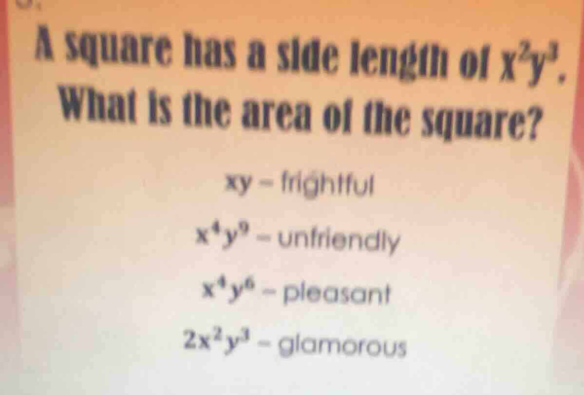 a square has a side length of $x^{2}y^{3}$. what is the area of the squ…