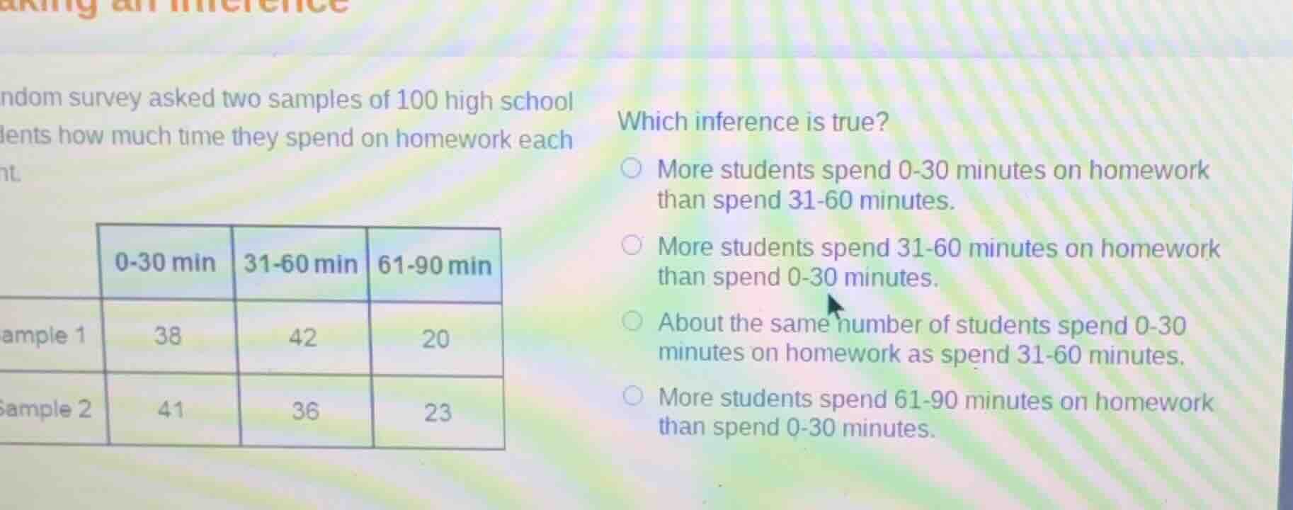 ndom survey asked two samples of 100 high school dents how much time th…