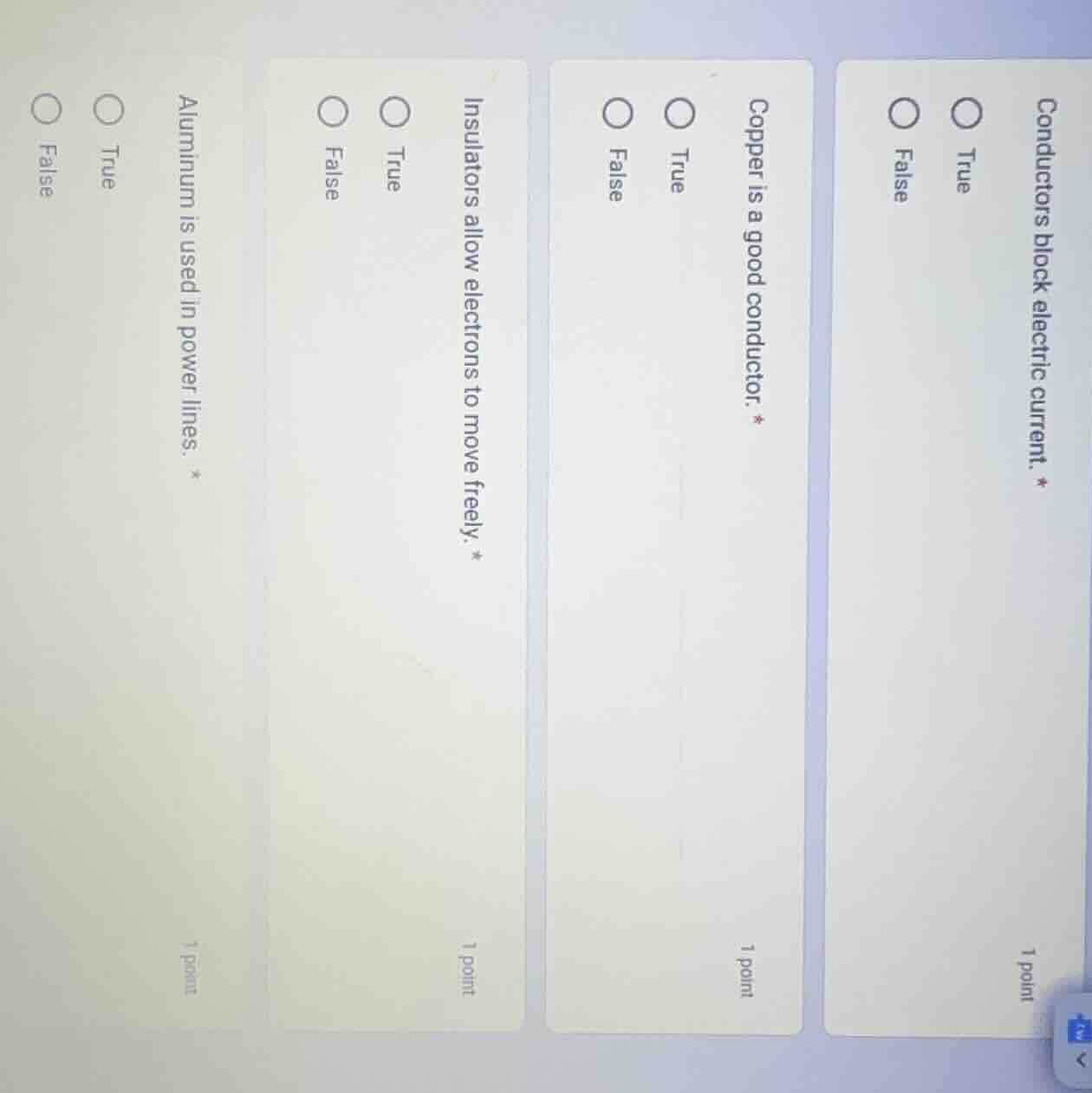 conductors block electric current. * true false 1 point copper is a goo…
