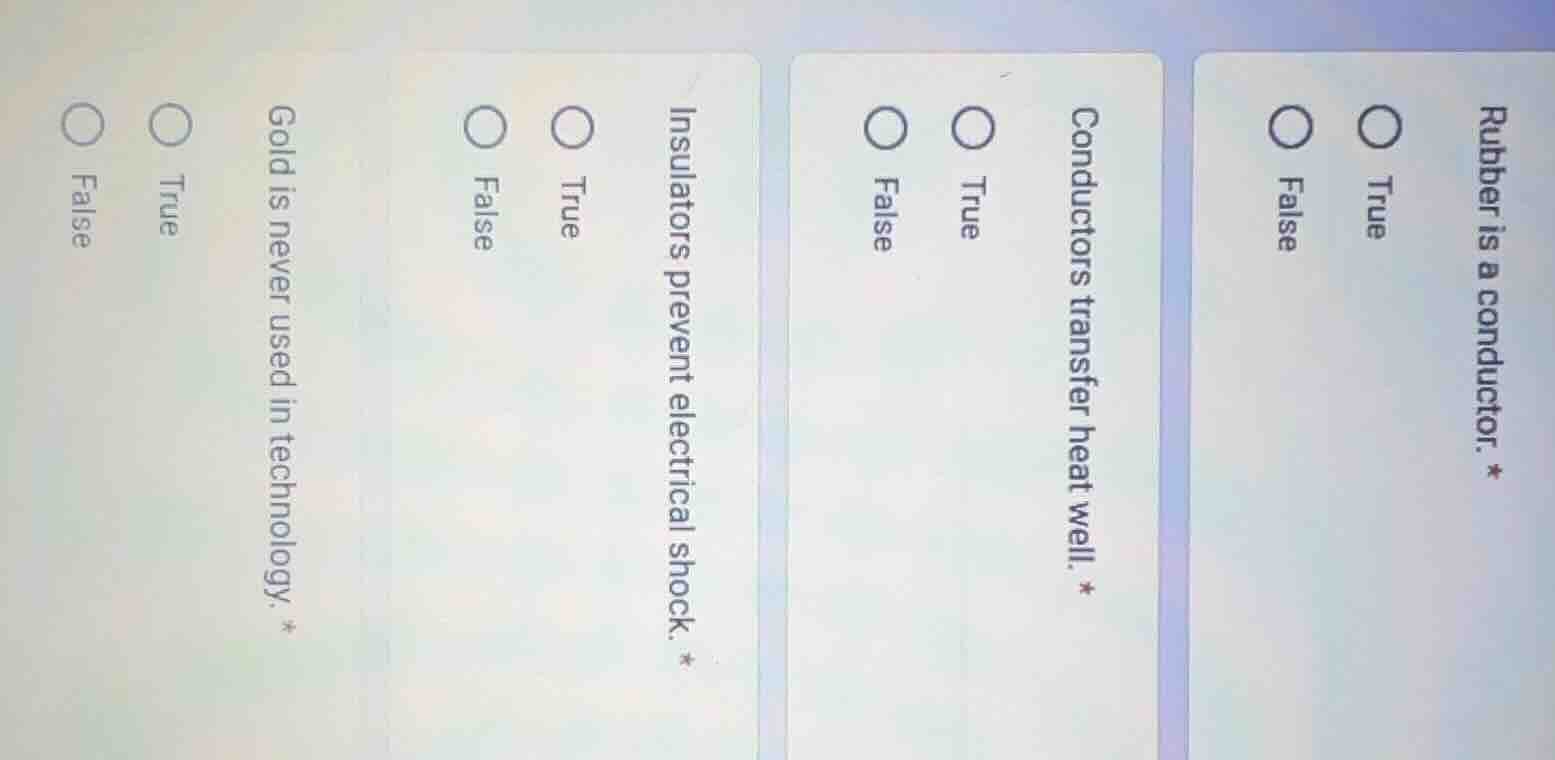 rubber is a conductor. * true false conductors transfer heat well. * tr…
