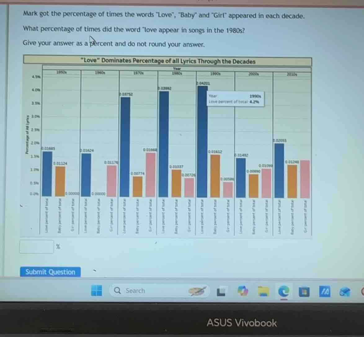 mark got the percentage of times the words \love\, \baby\ and \girl\ ap…
