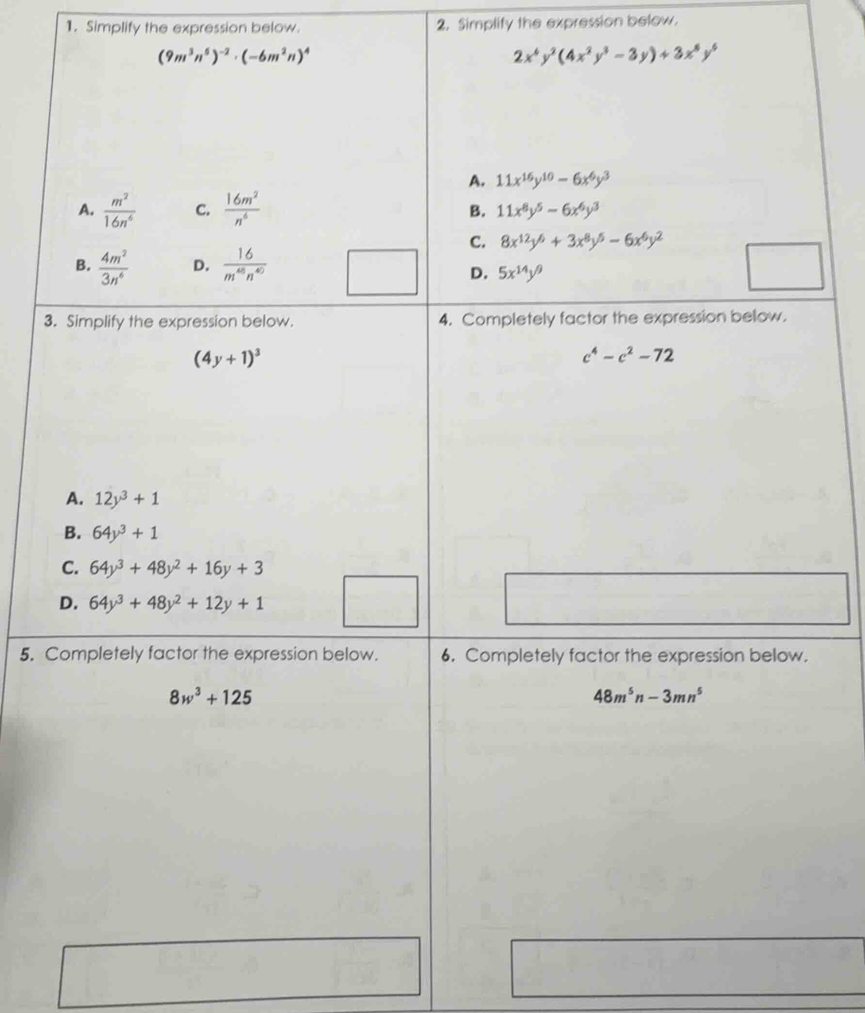 1. simplify the expression below. $(9m^3n^6)^{-2} cdot (-6m^2n)^4$ a. $…