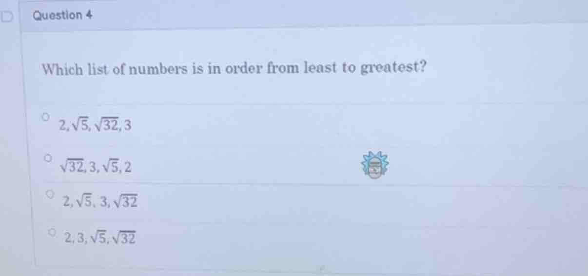question 4 which list of numbers is in order from least to greatest? $2…