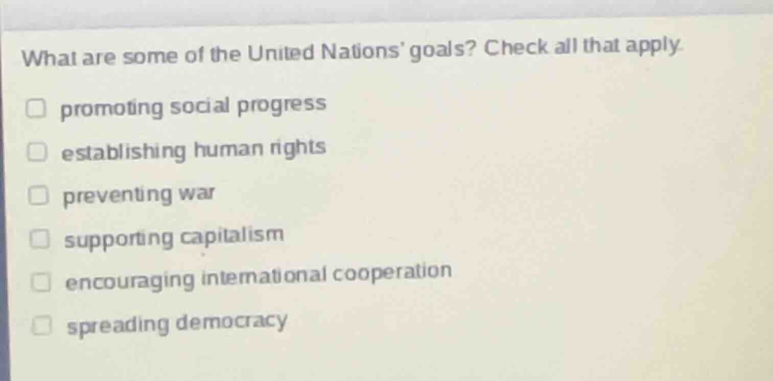 what are some of the united nations goals? check all that apply. promot…