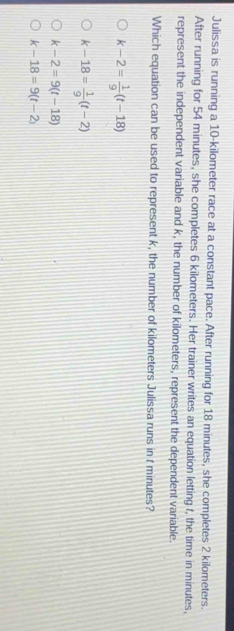 julissa is running a 10 - kilometer race at a constant pace. after runn…