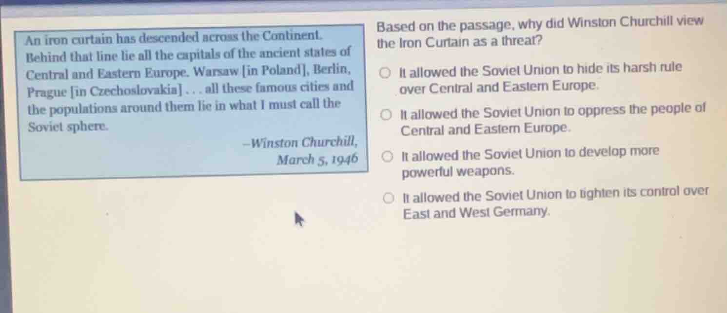 an iron curtain has descended across the continent. behind that line li…