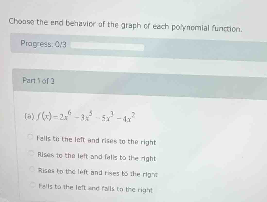 choose the end behavior of the graph of each polynomial function. progr…