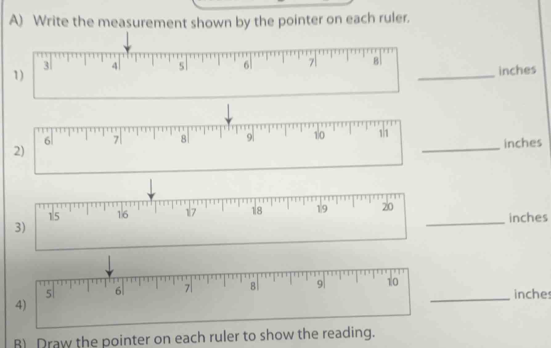 a) write the measurement shown by the pointer on each ruler. 1) _______…