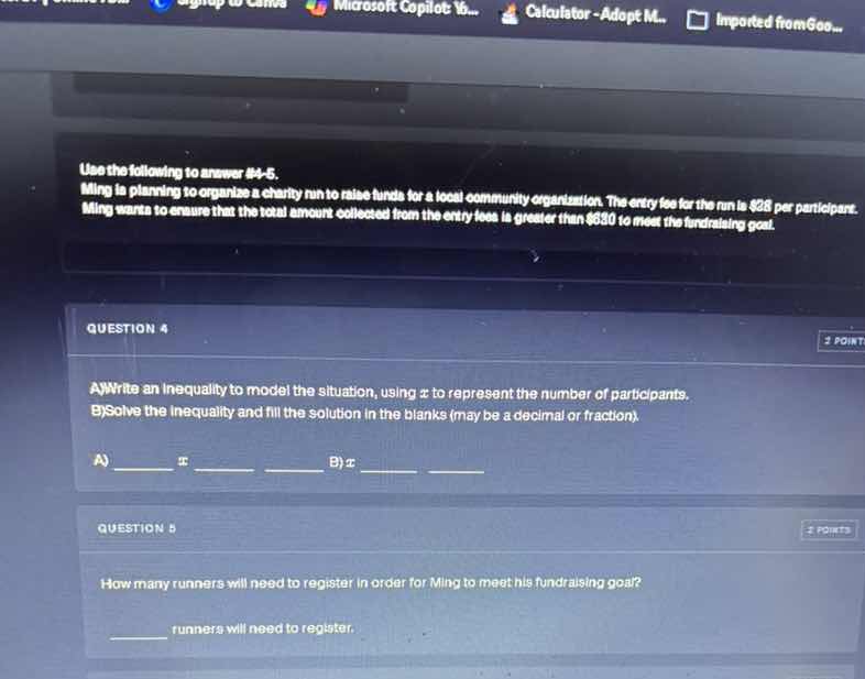 use the following to answer #4 - 5. ming is planning to organize a char…