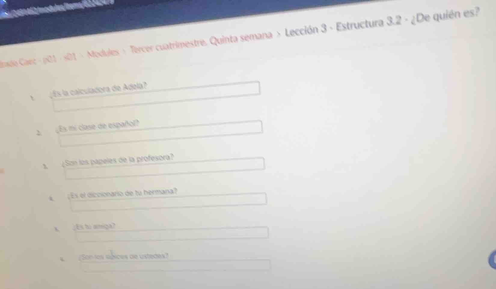 1. ¿es la calculadora de aisha? 2. ¿es tu clase de español? 3. ¿son los…