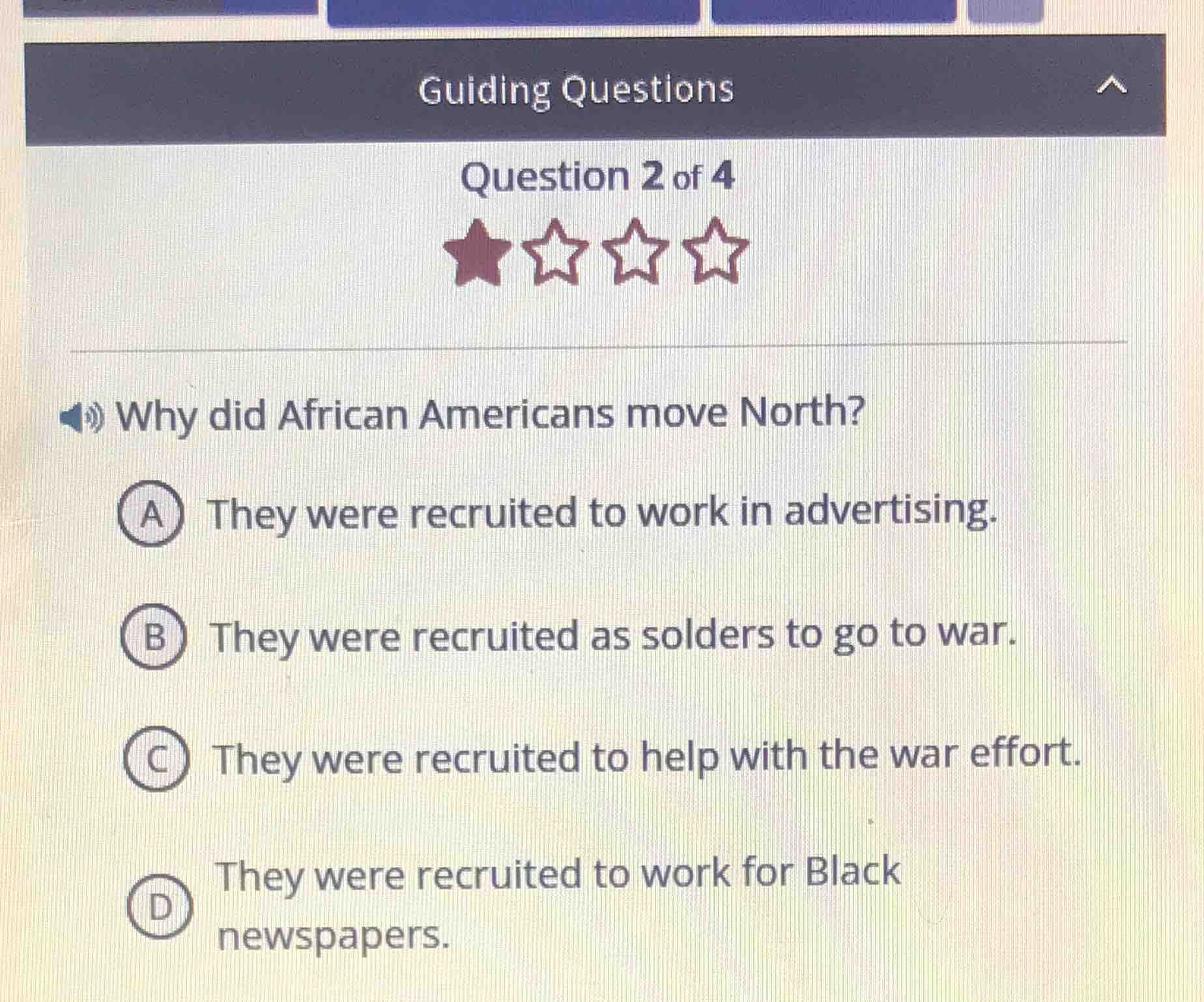 guiding questions question 2 of 4 why did african americans move north?…