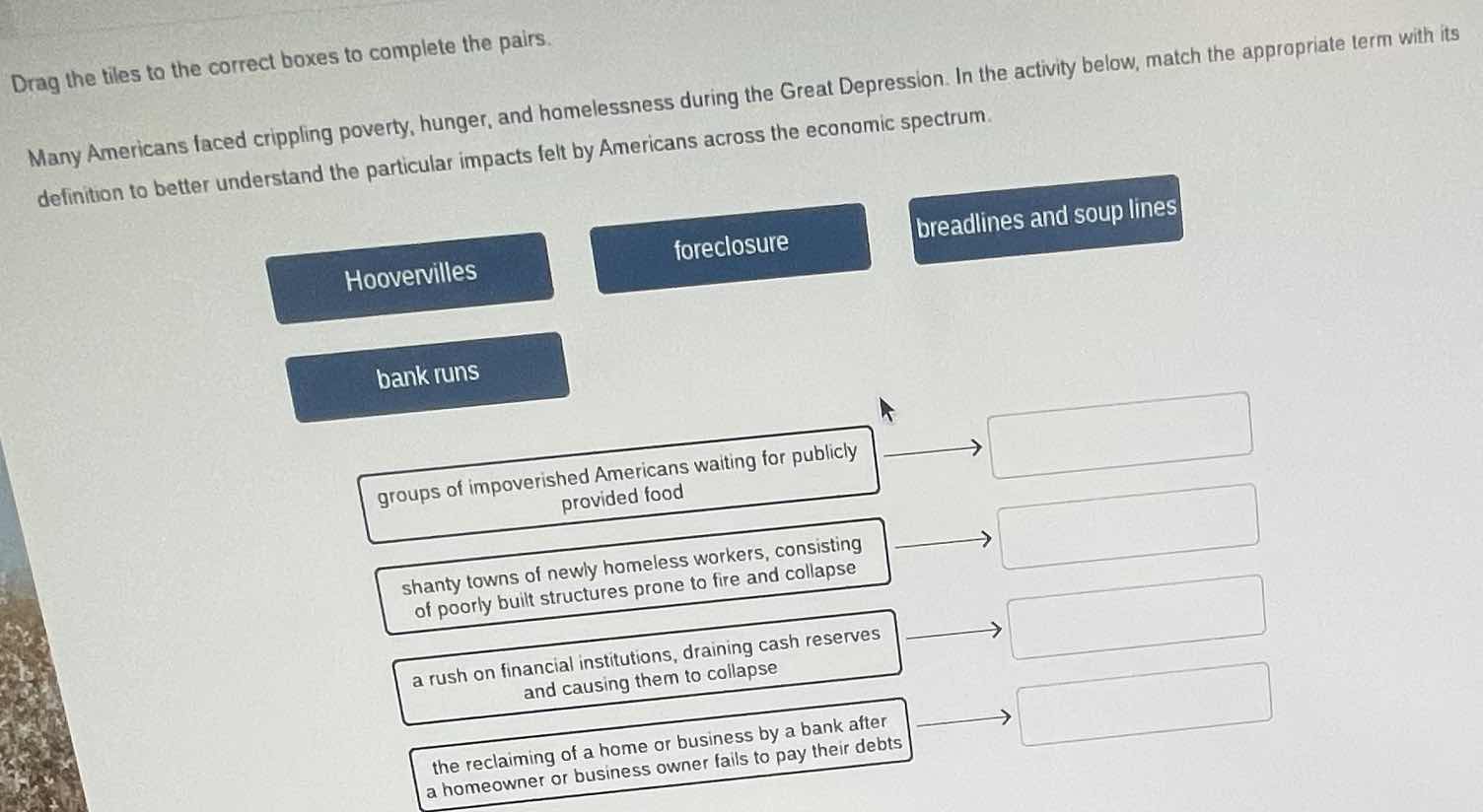 drag the tiles to the correct boxes to complete the pairs. many america…