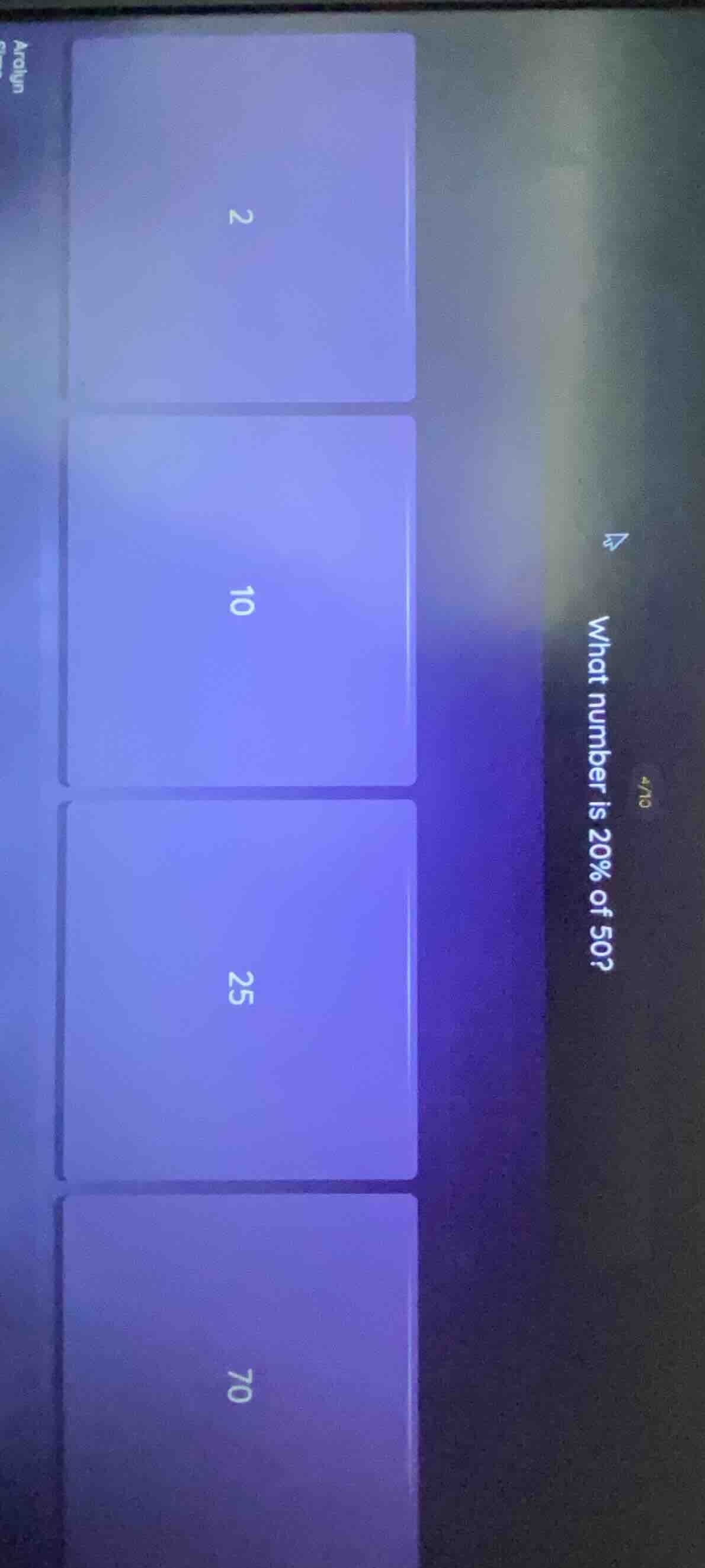 what number is 20% of 50? 2 10 25 70