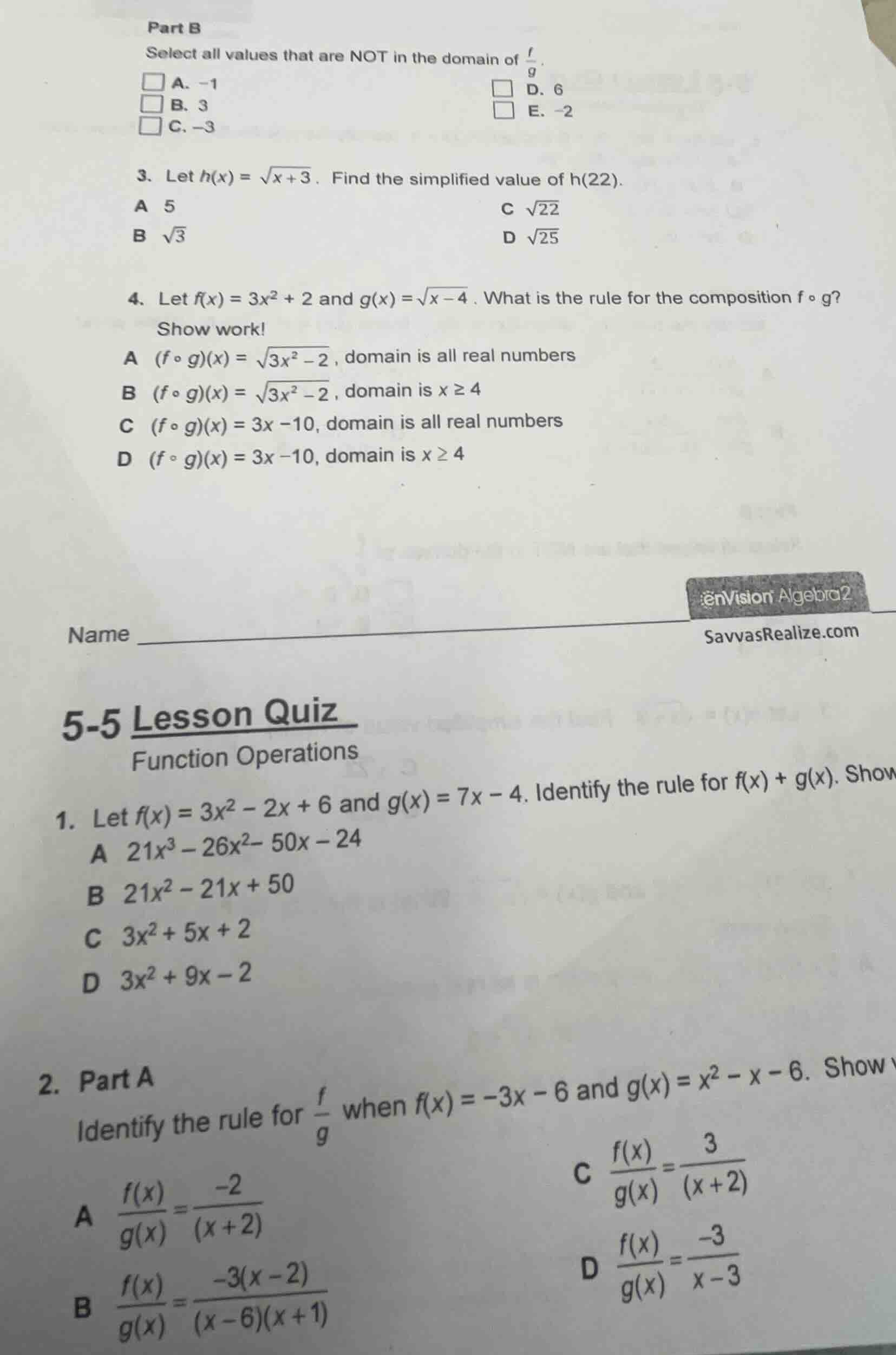 part b select all values that are not in the domain of \\(\\frac{f}{g}\…