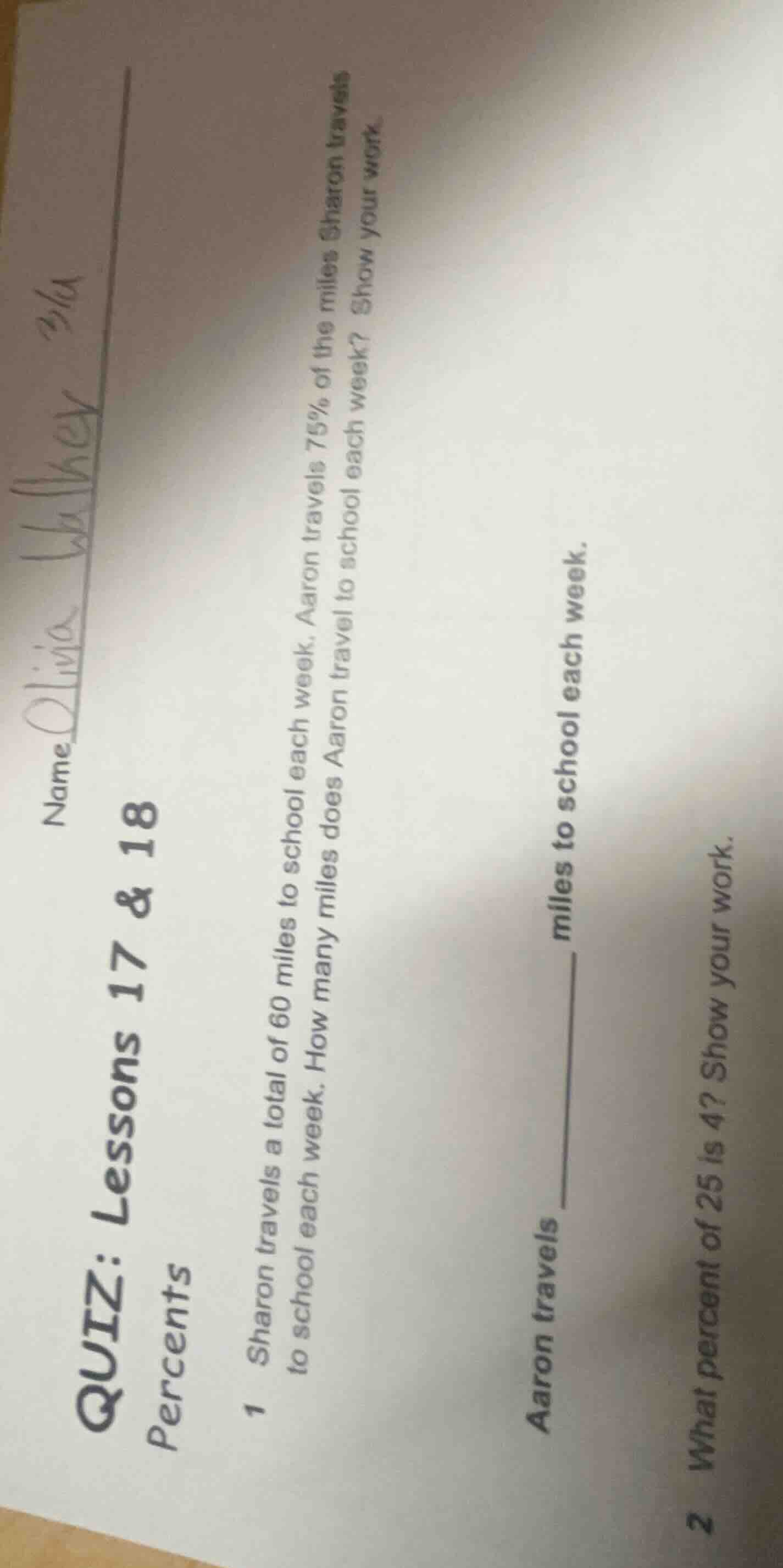 quiz: lessons 17 & 18 percents 1 sharon travels a total of 60 miles to …