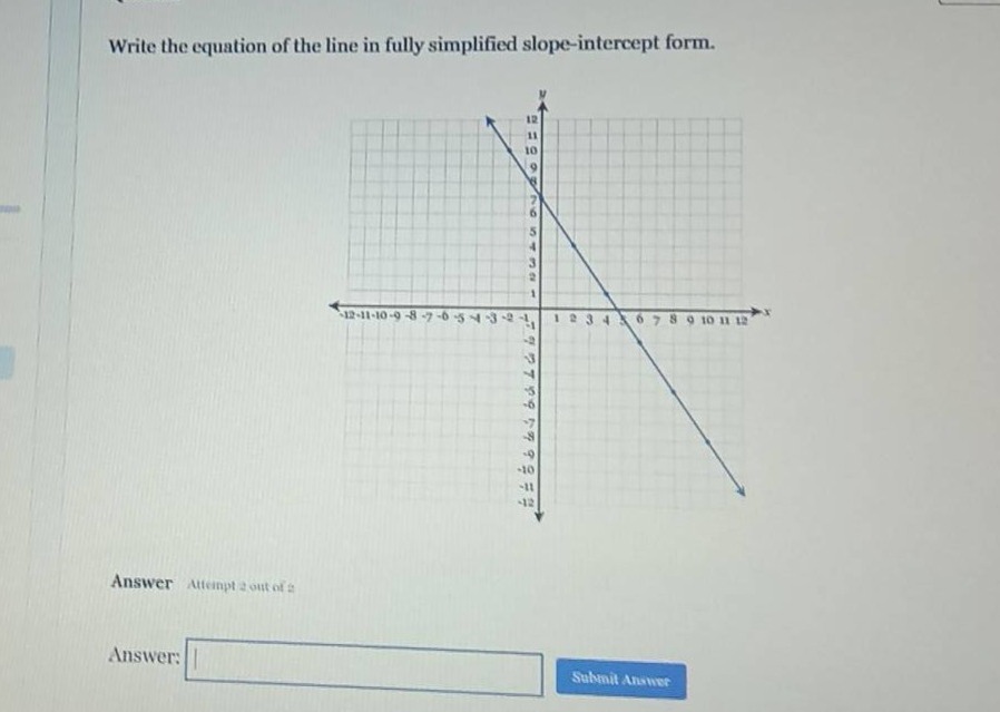 write the equation of the line in fully simplified slope - intercept form.\nanswer attempt 2 out of 2\nanswer: