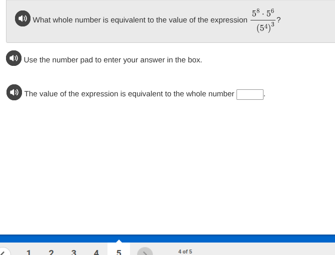 what whole number is equivalent to the value of the expression \\(\\frac{5^8 \\cdot 5^6}{(5^4)^3}\\)? use the number pad to enter your answer in the box. the value of the expression is equivalent to the whole number \\(\\square\\).