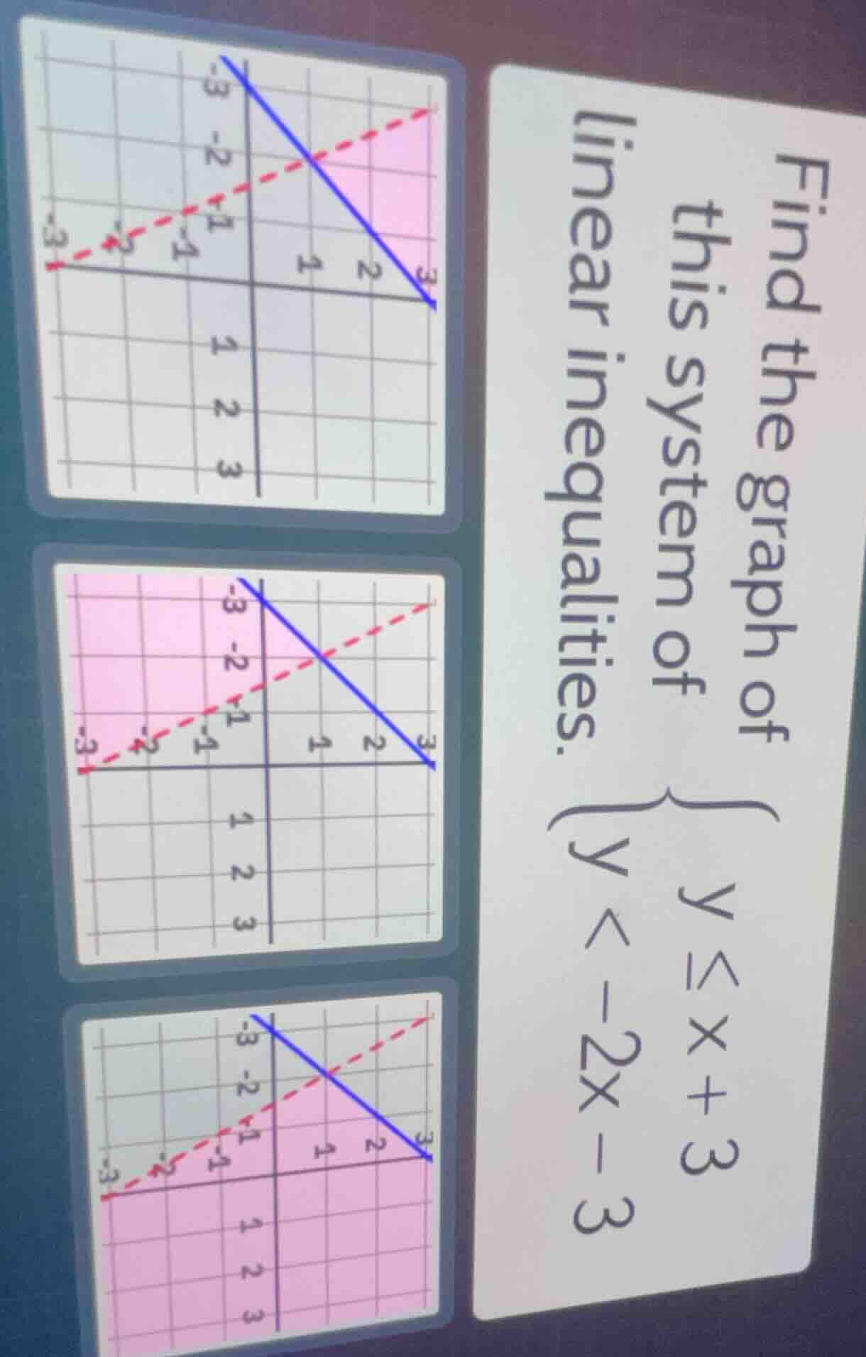 find the graph of this system of linear inequalities. \\begin{cases} y \\leq x + 3 \\\\ y < -2x - 3 \\end{cases}