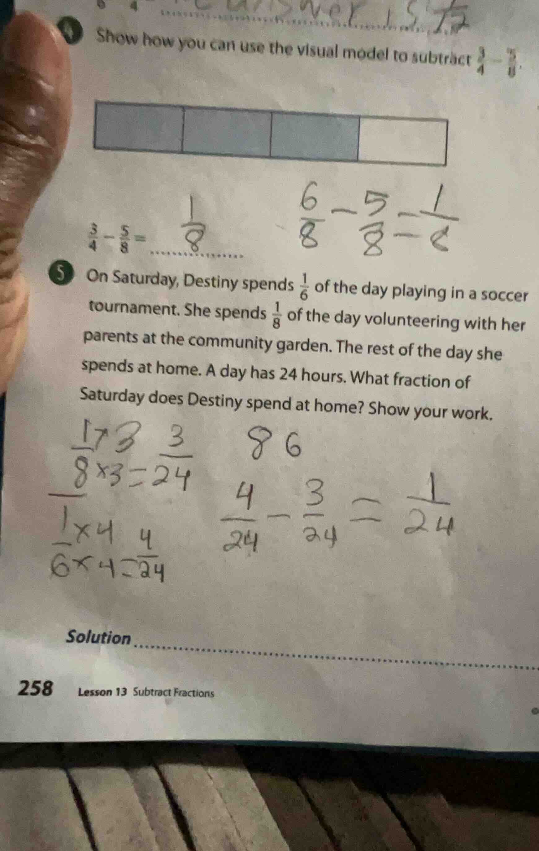 4 show how you can use the visual model to subtract \\(\\frac{3}{4} - \…