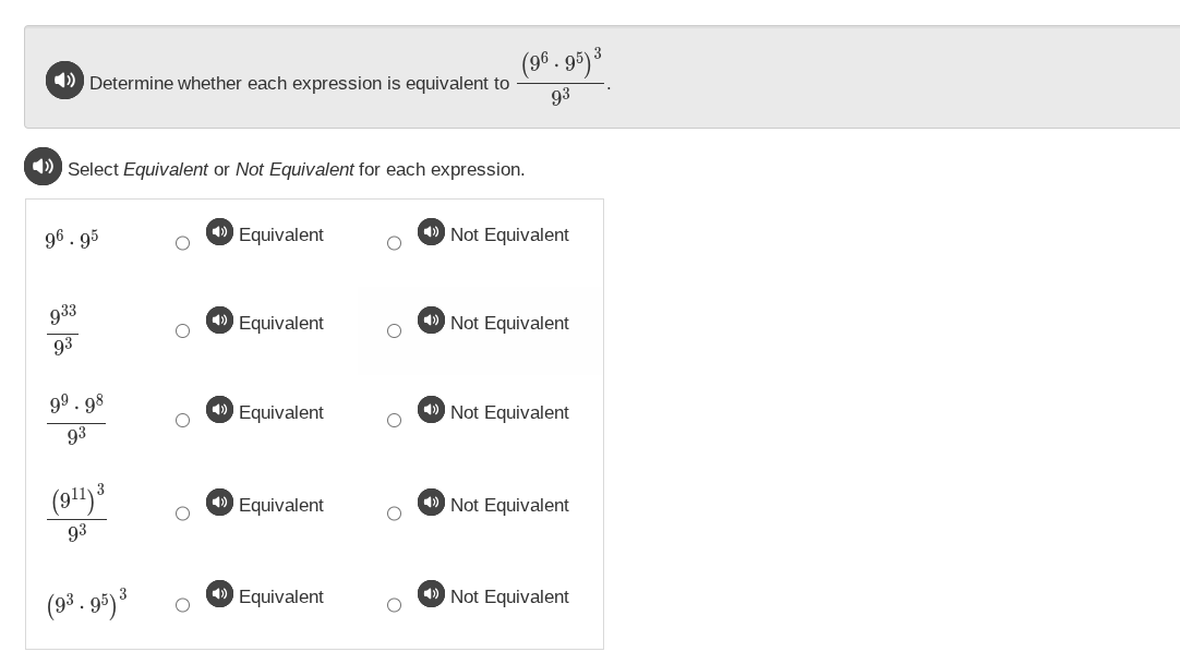 determine whether each expression is equivalent to \\(\frac{(9^6 cdot 9…