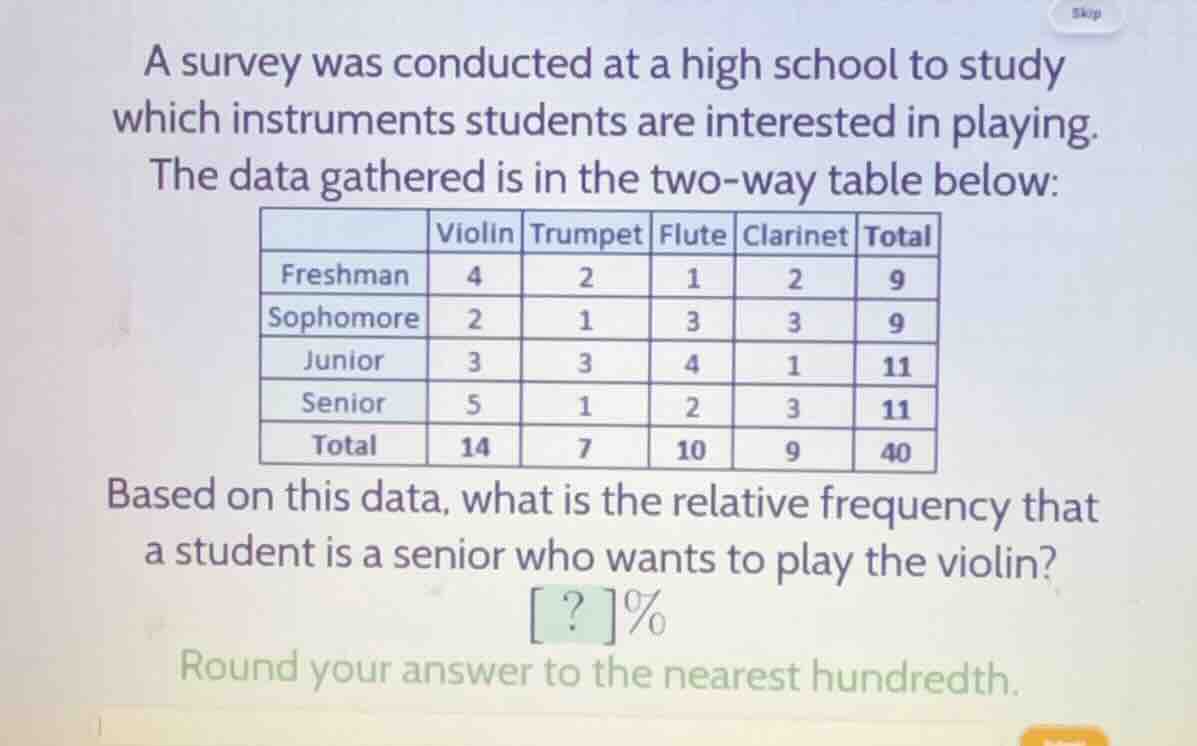 a survey was conducted at a high school to study which instruments stud…