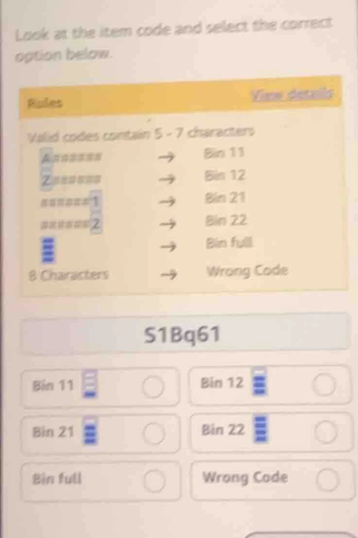 look at the item code and select the correct option below. rules view d…