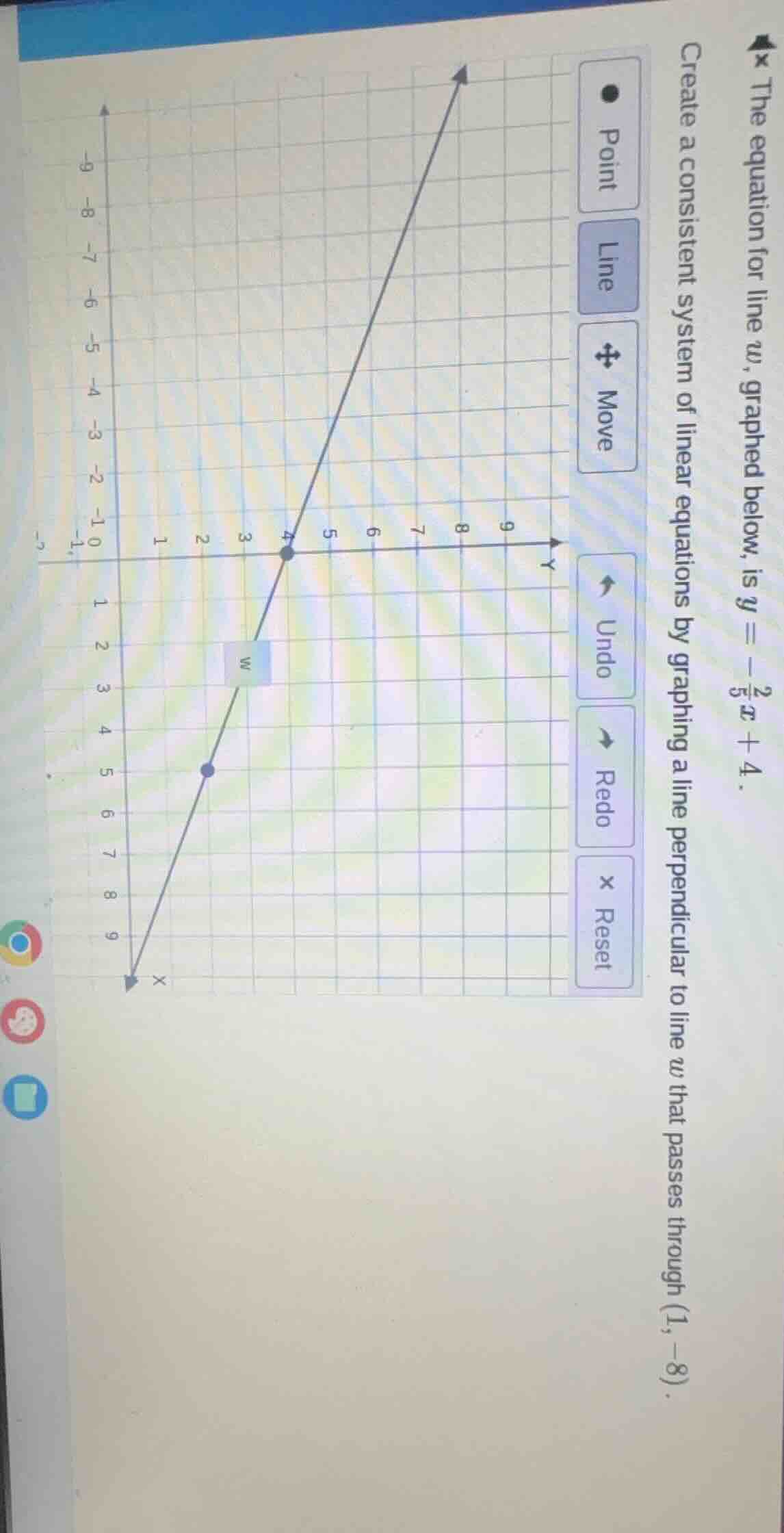 the equation for line w, graphed below, is $y = -\frac{2}{5}x + 4$. cre…