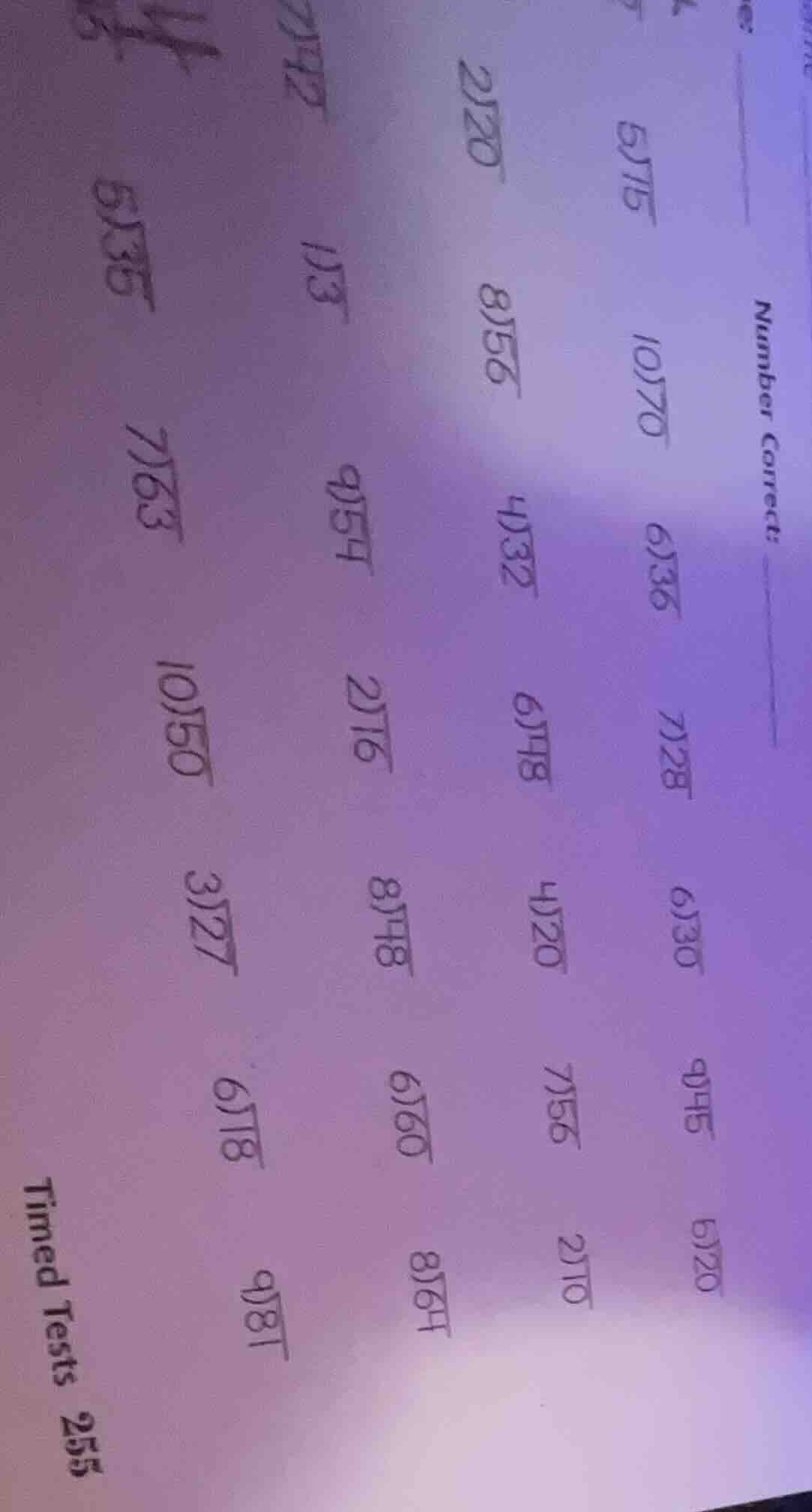 timed tests 255 number correct: \\overline{5)75} \\overline{10)70} \\ov…