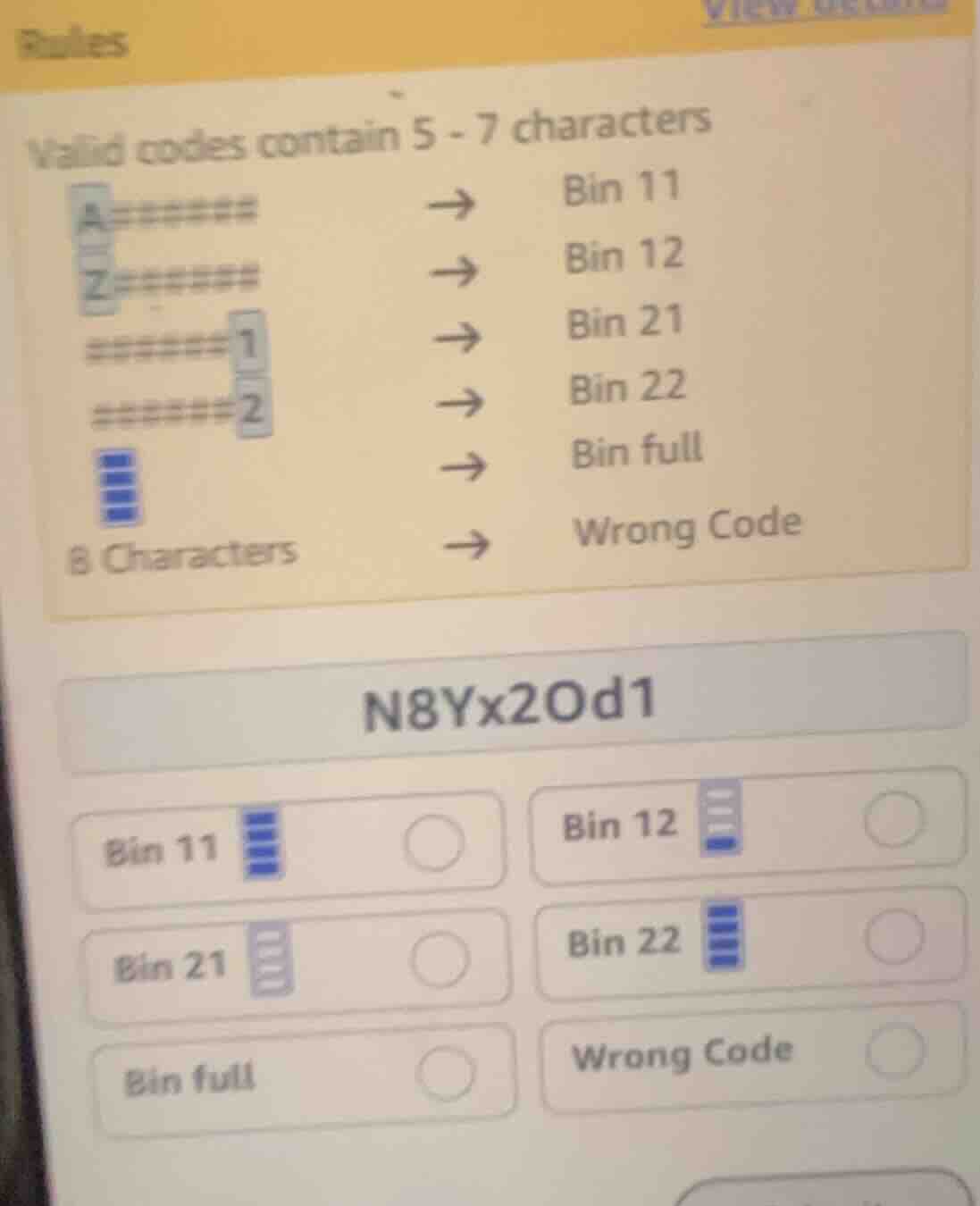 rules valid codes contain 5 - 7 characters a****** → bin 11 z****** → b…
