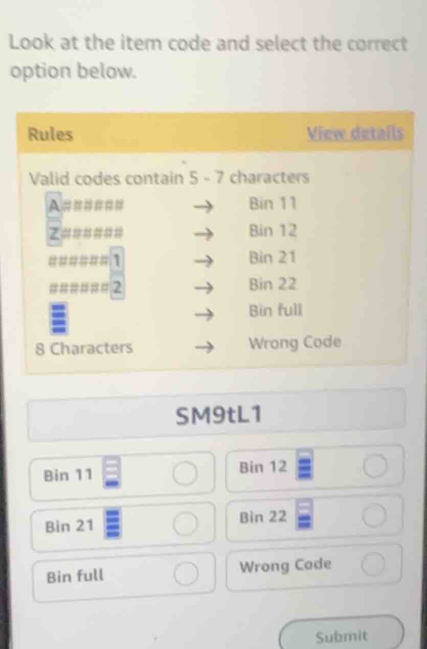 look at the item code and select the correct option below. rules view d…