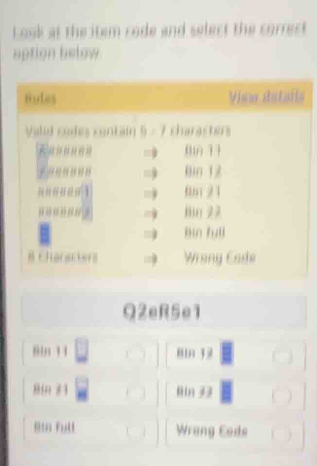 look at the item code and select the correct option below. rules view d…