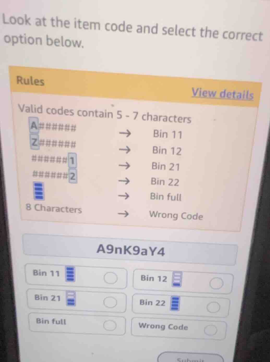 look at the item code and select the correct option below. rules view d…