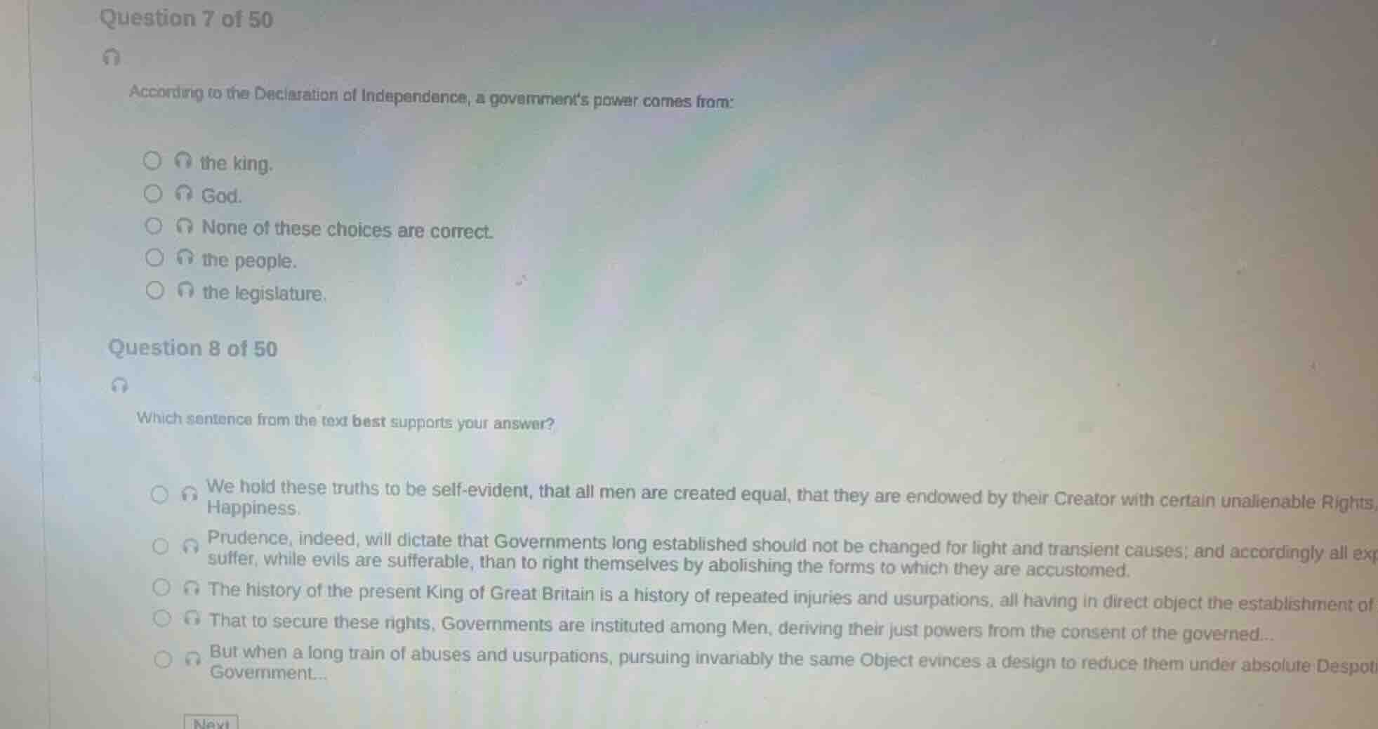 question 7 of 50 according to the declaration of independence, a govern…