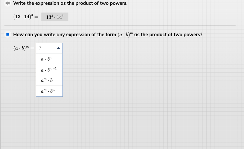 write the expression as the product of two powers. $(13\\cdot 14)^3 = \…