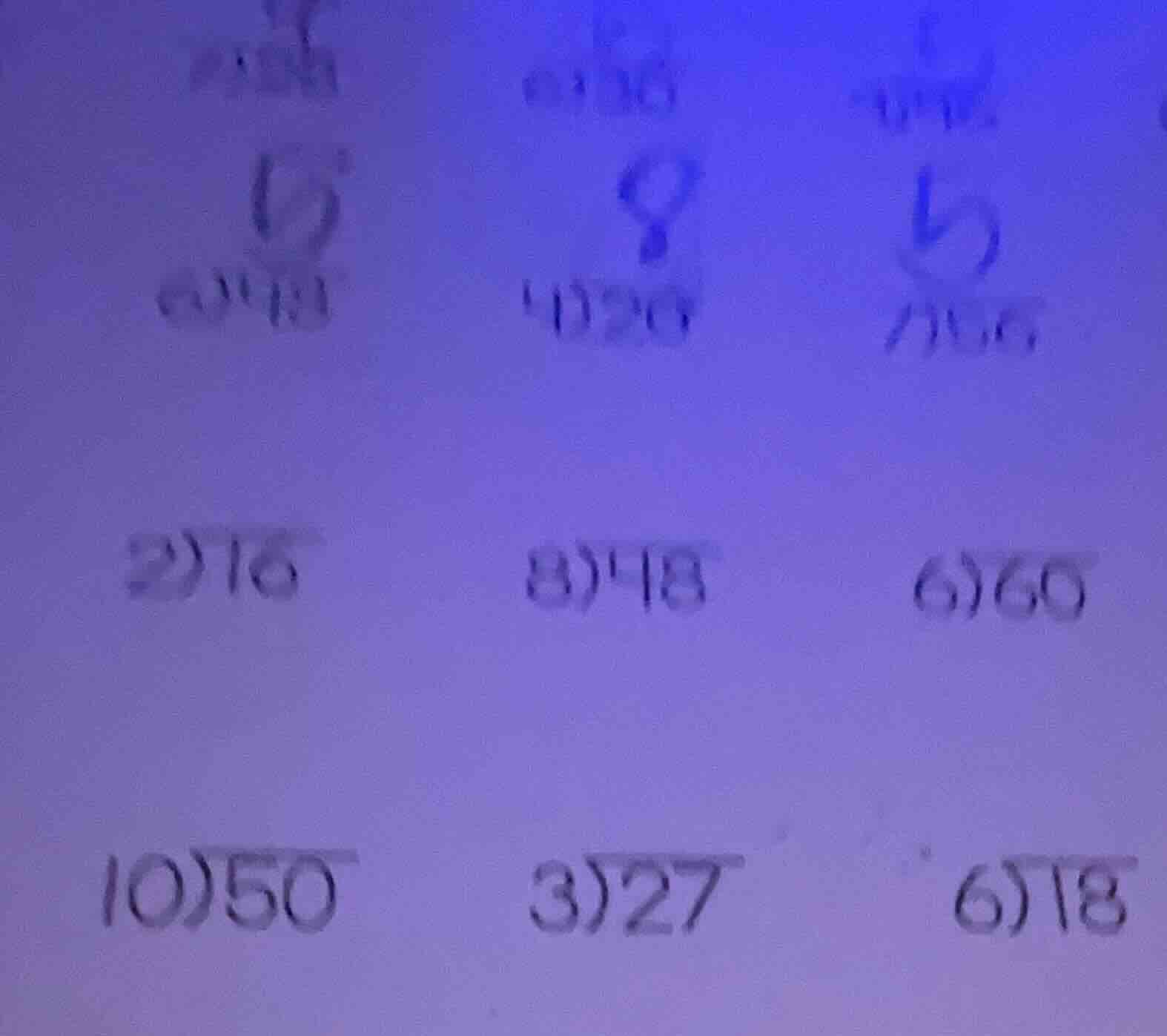 2)16 8)48 6)60 10)50 3)27 6)18