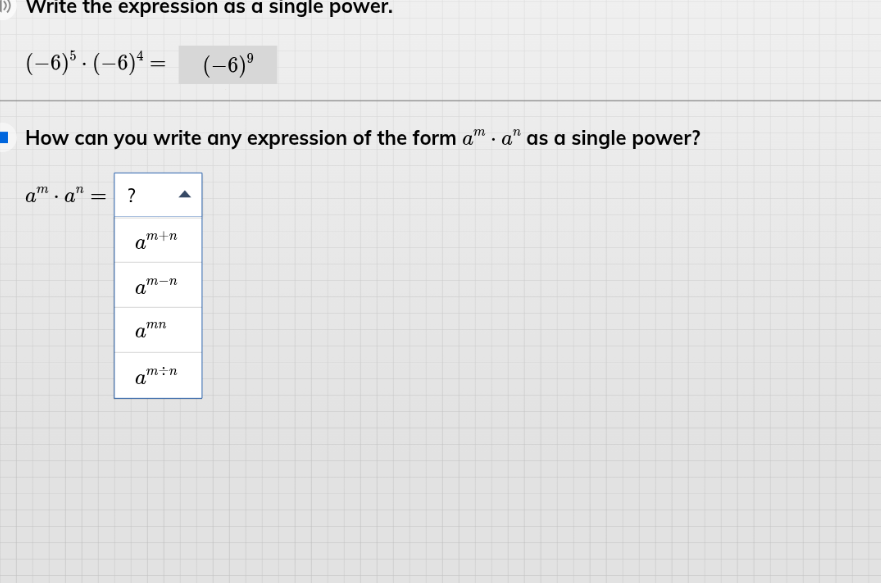 write the expression as a single power. $(-6)^5\\cdot (-6)^4=\\quad (-6…