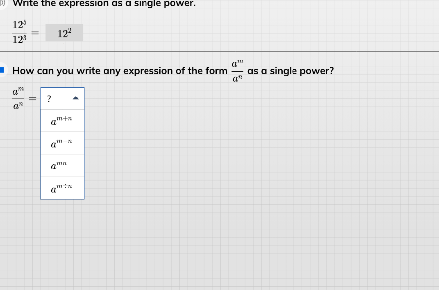 write the expression as a single power. \\(\frac{12^5}{12^3} = quad 12^…