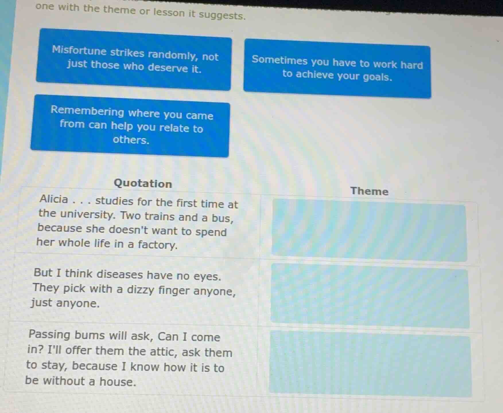 one with the theme or lesson it suggests. misfortune strikes randomly, …