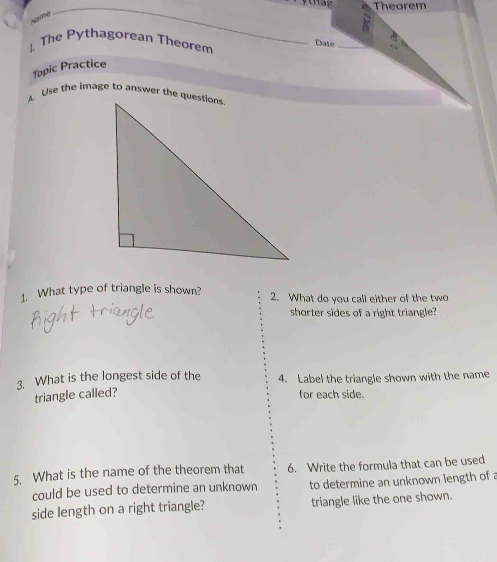 name date 1. the pythagorean theorem topic practice a. use the image to…