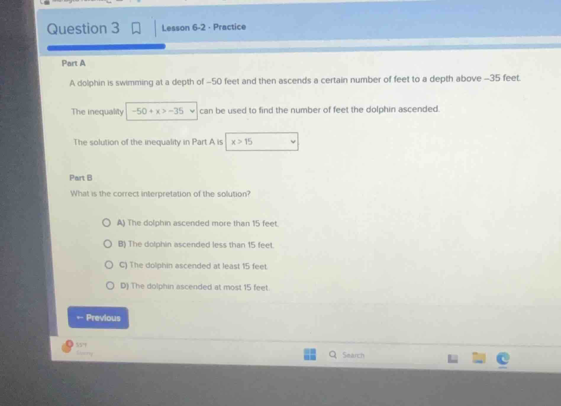 question 3 lesson 6-2 · practice part a a dolphin is swimming at a dept…