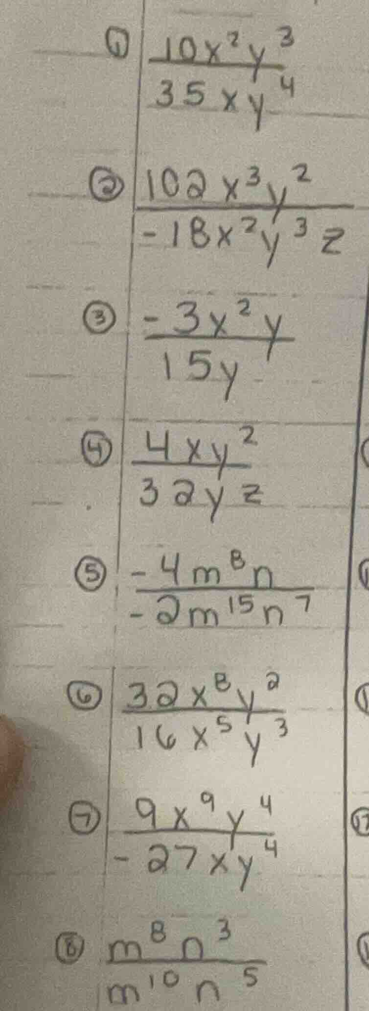 ① \\(\frac{10x^{2}y^{3}}{35xy^{4}}\\) ② \\(\frac{102x^{3}y^{2}}{-18x^{2…