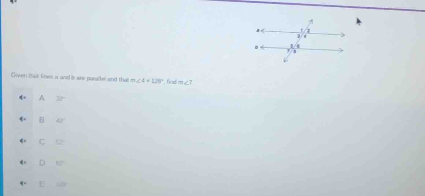 given that lines a and b are parallel and that ( mangle4 = 128^circ ), …