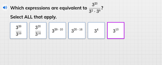 which expressions are equivalent to \\(\frac{3^{20}}{3^{2} cdot 3^{8}}\…
