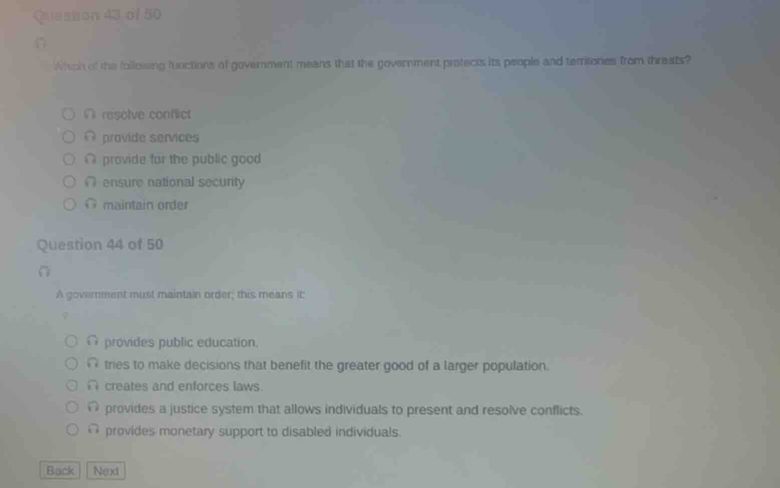 question 43 of 50 which of the following functions of government means …