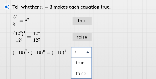 tell whether ( n = 3 ) makes each equation true. (\frac{8^5}{8^n} = 8^2…