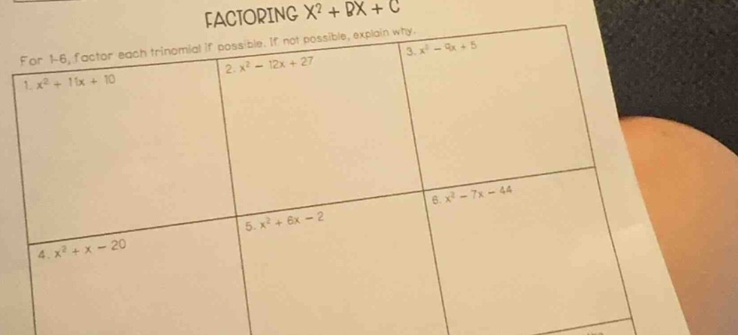 factoring ( x^2 + bx + c ) for 1-6, factor each trinomial if possible. …