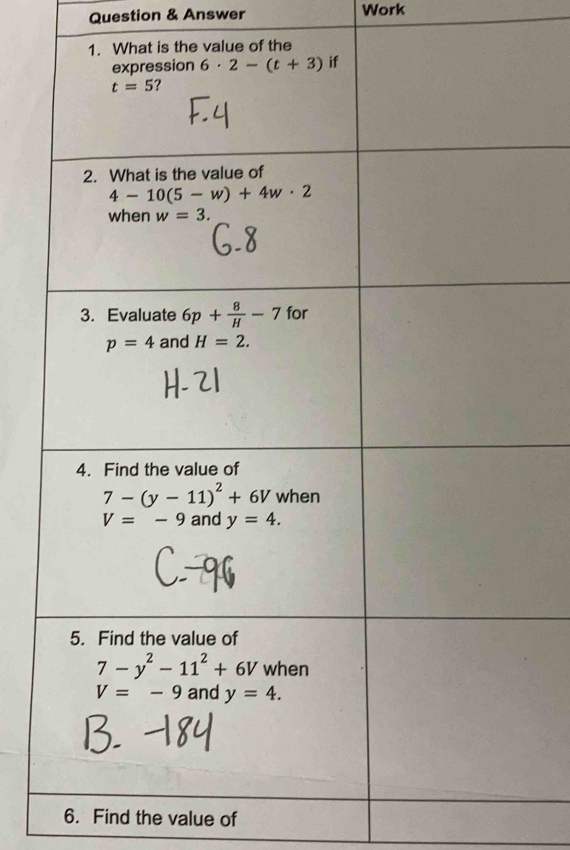 question & answer 1. what is the value of the expression 6·2 − (t + 3) …