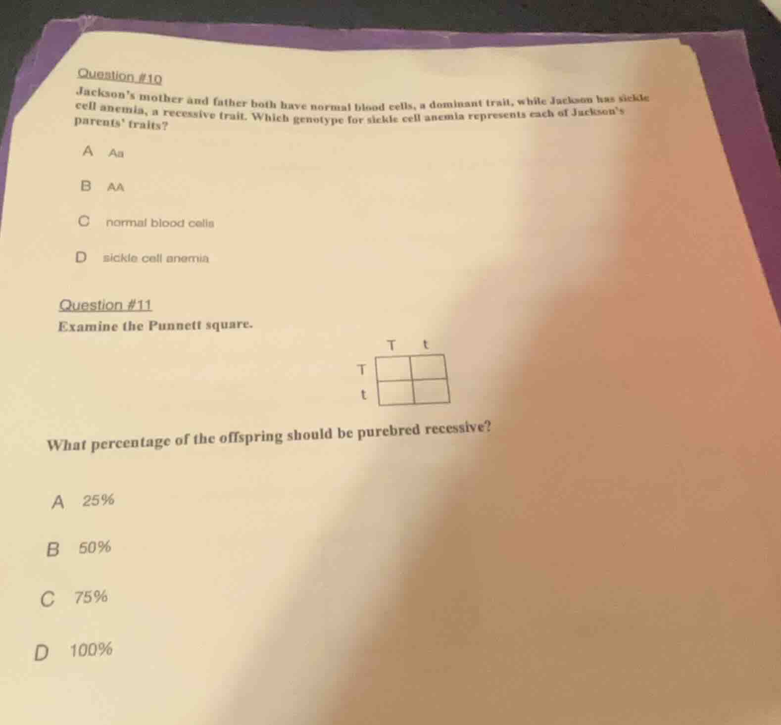 question #10 jackson’s mother and father both have normal blood cells, …